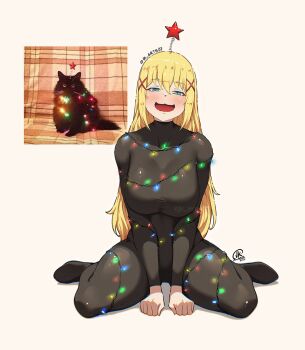 Rule 34 | 1girl, blonde hair, blush, breasts, cat, christmas, christmas lights, commentary, darkness (konosuba), english commentary, green eyes, jk arts, kono subarashii sekai ni shukufuku wo!, large breasts, long hair, open mouth, reference inset, simple background, sitting, solo