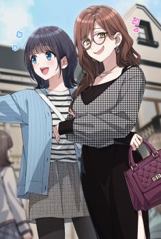 4girls :d absurdres age_difference bag black_hair black_pantyhose black_skirt blue_eyes blue_jacket blue_sky blurry blurry_background blush breasts brown_hair building cloud commentary_request day depth_of_field earrings glasses grabbing_another's_arm green_eyes grey_skirt hair_between_eyes handbag heart hero-san_to_moto_onna_kanbu-san highres holding holding_bag honey_trap_(hero-san_to_moto_onna_kanbu-san) honjou_hayate houndstooth jacket jewelry large_breasts long_hair long_sleeves multiple_girls nervous_smile open_clothes open_jacket open_mouth outdoors outstretched_arm pantyhose plaid_clothes plaid_skirt print_shirt puffy_long_sleeves puffy_sleeves purple-tinted_eyewear shirt short_hair side_ponytail skirt sky smile somechime_(sometime1209) striped_clothes striped_jacket striped_shirt tinted_eyewear vertical-striped_clothes vertical-striped_jacket white_jacket window yuri