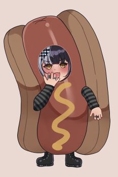 1girl black_arm_warmers black_boots black_hair boots globburt grey_hair highres hololive hololive_english hot_dog_costume jewelry looking_at_viewer multicolored_hair open_mouth ring shiori_novella solo split-color_hair striped_arm_warmers two-tone_hair virtual_youtuber yellow_eyes