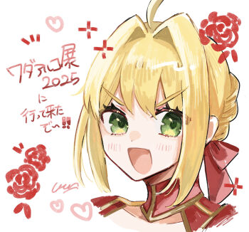 1girl absurdres ahoge blonde_hair braid braided_bun dress fate/grand_order fate_(series) green_eyes hair_bun hair_intakes highres looking_at_viewer nero_claudius_(fate) nero_claudius_(fate/extra) open_mouth portrait red_dress red_ribbon ribbon single_hair_bun smile solo urara_(sia8artchu)