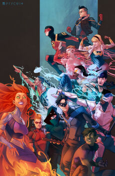 4girls 6+boys abs alien aqua_lad aqualad arm_cannon armor arrow_(projectile) bart_allen beast_boy_(dc) bodysuit cassandra_sandsmark cloak clothing_cutout colored_skin cyborg cyborg_(dc) dark_skin dc_comics dick_grayson domino_mask donna_troy dreadlocks electricity escrima_stick everyone eye_mask fiery_hair fur fur_trim garfield_logan garth gills glowing glowing_eyes glowing_hair goggles green_eyes green_hair green_skin highres hood jacket jamal_campbell kid_flash kon-el lipstick long_hair looking_at_viewer makeup mask midriff monkey&#039;s_paw monster_boy monster_girl multiple_boys multiple_girls nail_polish nightwing orange_hair orange_skin pointy_ears quiver raven_(dc) red_robin roy_harper scale_armor shoulder_cutout smile solid_eyes spandex speedy starfire static_(dc) static_shock sunglasses superboy tattoo teen_titans tim_drake undercut very_long_hair victor_stone virgil_ovid_hawkins visor water weapon whip wings wonder_girl