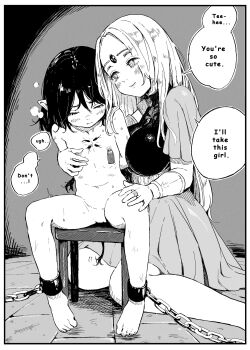 2girls absurdres age_difference bdsm blush bondage bondage_cuffs border bound breasts chain chair chest_tattoo clothed_female_nude_female comic_sans cuffs english_text female_focus femdom flat_chest forehead_jewel greyscale highres iwaku_waku large_breasts loli long_hair looking_at_another molestation monochrome multiple_girls nipple_piercing nipple_stimulation nude onee-loli original piercing pointy_ears pussy restrained sex_slave shackles sitting skirt slave speech_bubble tattoo turtleneck white_border yuri
