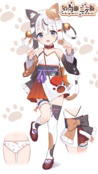 1girl adversarial_noise animal_collar animal_ear_fluff animal_ears asymmetrical_legwear back_bow bag bell belt_collar black_hair blue_eyes bow bow_panties brown_hair cat_ears cat_girl cat_tail collar commentary_request detached_sleeves fish_bag fish_hair_ornament flat_chest frilled_sleeves frilled_thigh_strap frills hair_bell hair_ornament hair_rings hands_up highres japanese_clothes jingle_bell loli looking_at_viewer makigai multicolored_hair multiple_views obi open_mouth original panties paw_panties paw_pose pleated_skirt red_collar red_shoes revision sash shoes short_hair shoulder_bag single_sock single_thighhigh skirt smile socks standing standing_on_one_leg tail thigh_strap thighhighs underwear white_hair white_panties