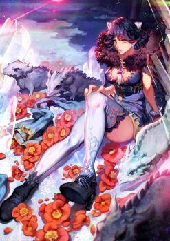 1girl animal animal_ears black_hair bracelet breasts caesty cat_ears cleavage crystal curly_hair dragon dress earrings flower fur_collar high_heels jewelry lips nose original short_dress short_hair sitting snowflake_earrings snowflakes thighhighs white_thighhighs yellow_eyes
