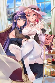 2girls :p alternate_costume animal_ears bare_shoulders black_dress black_nails breasts cake commentary dress feet food foreshortening fox_ears fox_girl genshin_impact gloves hat heart highres holding holding_heart lemon_t long_hair long_sleeves medium_breasts multiple_girls no_shoes pantyhose pink_hair presenting_foot purple_eyes purple_hair raiden_shogun sitting sitting_on_person soles toes tongue tongue_out very_long_hair white_dress white_gloves white_hat white_pantyhose yae_miko
