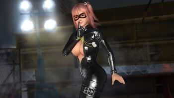 1girl 3d bodysuit breasts center_opening cleavage dead_or_alive dead_or_alive_5 domino_mask eye_mask female_focus full-length_zipper hair_ornament honoka_(doa) large_breasts mask no_bra official_art pink_hair side_ponytail solo tecmo zipper