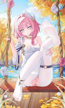 1girl absurdres anus bare_shoulders blue_eyes blue_sky breasts censored chinese_commentary commentary_request cyrene_(aedes_elysiae)_(honkai:_star_rail) cyrene_(honkai:_star_rail) dress feet hair_ornament highres honkai:_star_rail honkai_(series) jndfh lake leg_up looking_at_viewer medium_hair mosaic_censoring multicolored_hair nipples on_swing outdoors pantyhose pink_hair pussy revision see-through_clothes see-through_dress sky small_breasts smile soles solo strap_slip swing swing_set thigh_strap thighs toes torn_clothes torn_pantyhose two-tone_hair variant_set water white_dress white_hair white_pantyhose wooden_floor
