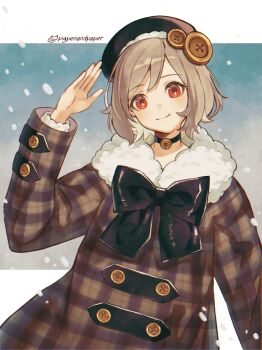 1girl absurdres arm_up bell beret black_bow black_choker black_hat bow brown_coat brown_hair choker closed_mouth coat commentary_request fur_collar hat head_tilt highres jingle_bell looking_at_viewer neck_bell numbers_(pigpenandpaper) original plaid_clothes plaid_coat red_eyes revision short_hair smile solo twitter_username