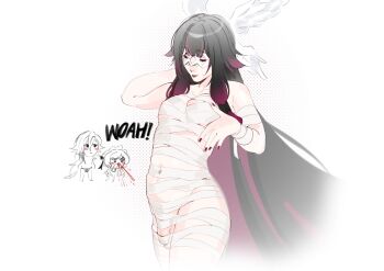 1girl absurdly_long_hair absurdres arlecchino_(genshin_impact) bandages black_hair breasts cleavage closed_eyes columbina_(genshin_impact) commentary cowboy_shot domino_mask english_commentary eye_mask flaccid futanari genshin_impact highres long_hair mask multicolored_hair naked_bandage parted_lips penis pink_streaks sandrone_(genshin_impact) simple_background small_breasts solo streaked_hair thighs very_long_hair white_background wktfrv47n