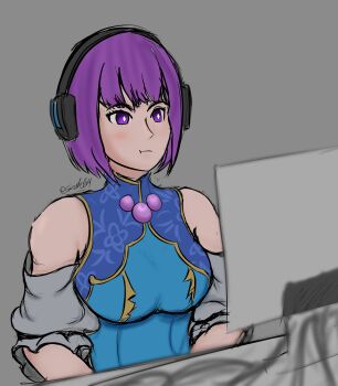 1girl absurdres asamiya_athena breasts computer curvy dress headphones highres large_breasts pale_skin purple_eyes purple_hair screen short_hair sitting snak64 table tablet_pc the_king_of_fighters