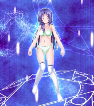 1girl blue_hair bow bra closed_eyes game_cg green_bra green_panties higuchi_isami large_variant_set lingerie long_hair magic_circle mahou_shoujo_sae murakami_shizuru navel non-web_source official_art panties purple_hair socks solo thighhighs underwear underwear_only variant_set zodiac