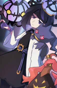 1girl absurdres banette black_dress black_hair black_pantyhose blunt_bangs chandelure closed_mouth coat commentary_request dress gen_3_pokemon gen_5_pokemon gen_6_pokemon gloves gourgeist gwynn_(pokemon) hand_up hat highres long_sleeves medium_hair my_(my_6633) nintendo on_shoulder open_clothes open_coat pantyhose partially_fingerless_gloves pokemon pokemon_(creature) pokemon_legends:_z-a pokemon_on_shoulder white_coat
