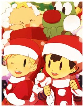 all_fours animal animal_costume black_hair blonde_hair can&#039;t_be_this_cute christmas dinosaur gift happy happy_holidays hat kirby kirby_(series) lucas_(mother_3) mario_(series) merry_christmas mother_(series) mother_2 mother_3 ness_(mother_2) nintendo non-web_source red_nose reindeer_costume santa_costume santa_hat snow super_smash_bros. video_game yoshi