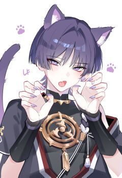 1boy animal_ear_fluff animal_ears armor black_bodysuit black_kimono black_sleeves blunt_ends blush bodysuit cat_boy cat_ears cat_tail cranberry11_207 curled_fingers eyelashes eyeliner eyeshadow fang fingernails genshin_impact glint gold hair_intakes hands_up highres japanese_armor japanese_clothes jewelry juban kimono korean_text kote kurokote looking_at_viewer makeup male_focus mandarin_collar mitsudomoe_(shape) neck_ring open_mouth paw_pose paw_print portrait purple_eyes purple_hair purple_nails red_eyeliner red_eyeshadow red_kimono scaramouche_(genshin_impact) sharp_fingernails short_sleeves single_off_shoulder skin_fang solo tail tassel tomoe_(symbol) tongue translation_request tsurime white_background white_kimono wispy_bangs