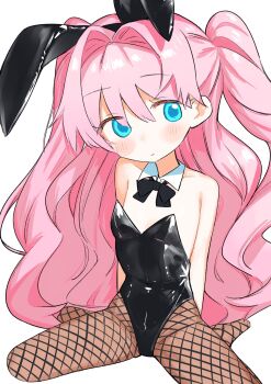 1girl animal_ear_hairband animal_ears bare_shoulders black_bow black_bowtie black_leotard blue_eyes blush bow bowtie character_request check_character closed_mouth detached_collar fake_animal_ears fishnet_pantyhose fishnets flat_chest hairband highres leotard long_hair looking_at_viewer original pantyhose pink_hair playboy_bunny rabbit_ears sitting solo strapless strapless_leotard two_side_up wariza yabasoba