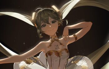 1girl armlet ballerina bare_shoulders black_background chest_tattoo closed_mouth collarbone commentary_request dress gold_armlet gold_choker gramophone_miku green_eyes green_hair hair_between_eyes hair_ornament hatsune_miku highres jewelry karasuro long_hair looking_at_viewer miku_symphony_(vocaloid) number_tattoo official_alternate_costume smile solo strapless strapless_dress tattoo tutu twintails upper_body vocaloid