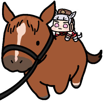 1girl :3 animal_ears animal_focus blunt_bangs chibi commentary dress gloves gold_ship_(red_strife)_(umamusume) gold_ship_(umamusume) grey_hair horse horse_ears horse_girl jazz_jack long_hair lowres photo-referenced pillbox_hat pink_eyes red_dress simple_background sleeveless sleeveless_dress solo_focus umamusume white_background white_gloves