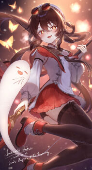 1girl absurdres black_thighhighs boo_tao_(genshin_impact) boots brown_hair chinese_clothes flower-shaped_pupils genshin_impact ghost highres hu_tao_(cherries_snow-laden)_(genshin_impact) hu_tao_(genshin_impact) imasaki_kei jumping long_hair long_sleeves looking_at_viewer official_alternate_costume open_mouth red_boots red_eyes shirt skirt smile symbol-shaped_pupils thighhighs too_many_watermarks twitter_username underwear watermark zettai_ryouiki