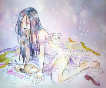 1girl black_hair breasts cleavage clothing_cutout commentary_request crying dated dress hair_down highres hip_vent hitsuki_(hiidukii) holding holding_knife honzuki_no_gekokujou knife medium_breasts myne_(honzuki_no_gekokujou) open_mouth orange_eyes reverse_grip shoes sitting solo strap_slip sweat tears torn_clothes traditional_media twitter_username unworn_shoes white_dress yokozuwari