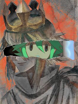 Rule 34 | 1boy, :o, aged down, commentary request, covered eyes, crown, expressionless, gold crown, green hair, grey eyes, grey tunic, highres, long sidelocks, looking at viewer, low ponytail, male focus, muted color, n (pokemon), nintendo, open mouth, orange background, paint, paint splatter, painting (object), parted lips, picture frame, pokemon, pokemon bw, ponytail, sidelocks, smile, torn, torn painting, torn paper, tunic, zero (sleepy meltan)