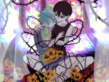 2boys alternate_eye_color antenna_hair barefoot basil_(headspace)_(omori) basil_(omori) black_eyes black_hair blue_overalls closed_mouth colored_skin commentary_request flower flower_wreath green_hair green_shirt head_wreath highres hug kauchi_(kani10cauchi) looking_at_another looking_at_viewer male_focus multiple_boys omori omori_(omori) overall_shorts overalls plant red_eyes shirt sidelocks sitting stained_glass sunflower t-shirt thorns twitter_username vines white_skin