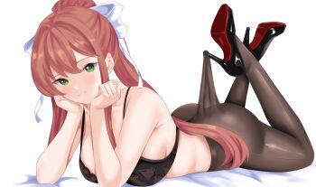 1girl absurdres ass black_bra black_shoes bra breasts brown_hair brown_pantyhose closed_mouth commentary doki_doki_literature_club eyelashes full_body green_eyes hair_intakes hair_ribbon hands_on_own_face head_rest high_heels highres hooked_on_heel kakigorimaru lace_pantyhose_hooked_on_heel_(meme) long_hair looking_at_viewer lying meme monika_(doki_doki_literature_club) on_stomach pantyhose ponytail ribbon shoes sidelocks smile solo symbol-only_commentary underwear white_background white_ribbon