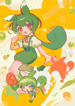 1girl blush_stickers chibi collared_shirt eyelashes full_body green_hair green_overalls highres index_finger_raised long_hair looking_at_viewer mawarusanso multiple_views open_mouth overalls red_ribbon ribbon shirt short_sleeves single_blush_sticker very_long_hair voicevox white_shirt zundamon