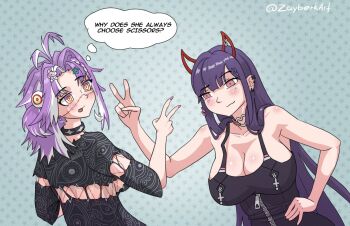 2girls akuma_nihmune antenna_hair bare_shoulders black_dress braid breasts character_hair_ornament choker cleavage dress ear_piercing earrings hair_ornament hairclip horns indie_virtual_youtuber jared_(michi_mochievee) jewelry large_breasts michi_mochievee michi_mochievee_(1st_costume) mole mole_under_eye multicolored_hair multiple_girls nail_polish open_mouth piercing pink_eyes purple_hair rock_paper_scissors single_braid smirk star_(symbol) star_hair_ornament stitched_face stitches streaked_hair upper_body v white_hair yellow_eyes zayberk zipper