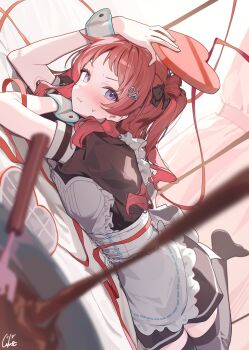 Rule 34 | 1girl, apron, black dress, black thighhighs, blurry, blurry foreground, blush, commentary request, dress, gakuen idolmaster, hair ornament, hanami saki, hand up, highres, holding, idolmaster, long hair, looking at another, looking at viewer, lying, maid, maid apron, ningen mame, on back, purple eyes, red hair, short sleeves, signature, solo, thighhighs, v-shaped eyebrows, white apron, white wrist cuffs, wrist cuffs