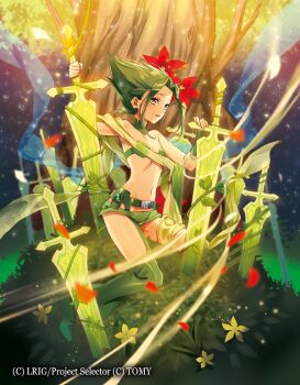 1girl breasts cleavage copyright_notice flower green_eyes green_hair green_shorts green_thighhighs green_tube_top hair_flower hair_ornament holding holding_sword holding_weapon looking_at_viewer medium_hair midoriko_(wixoss) murakami_yuichi navel official_art open_mouth short_shorts shorts small_breasts solo strapless sword thighhighs tree tube_top weapon wixoss yellow_eyes