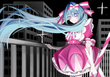 1girl absurdres aqua_hair bow building cane dress gloves hair_between_eyes hair_bow hair_ornament hair_ribbon hatsune_miku highres holding holding_cane ima_sugu_rinne_(vocaloid) long_hair magical_girl night night_sky pink_dress puffy_short_sleeves puffy_sleeves ramenmashipanda ribbon short_sleeves sky solo star_(symbol) star_in_eye symbol_in_eye twintails very_long_hair vocaloid white_gloves
