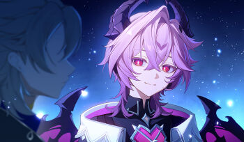 2boys albedo_(genshin_impact) black_shirt closed_mouth commentary_request crossed_bangs diamond-shaped_pupils diamond_(shape) dragon_boy dragon_horns dragon_wings genshin_impact hair_between_eyes horns light_smile male_focus mini_durin_(genshin_impact) mini_durin_(human)_(genshin_impact) multiple_boys portrait purple_eyes purple_hair shirt solo_focus star_(sky) starry_sky_background sucui_qiuqiu symbol-shaped_pupils wings