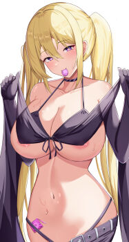 1girl absurdres areola_slip black_gloves blonde_hair blush breasts cleavage clothes_pull come_hither condom condom_in_mouth gloves heart heart-shaped_pupils highres in_heat large_breasts lieselotte_sherlock looking_at_viewer mouth_hold naughty_face navel nipple_slip nipples purple_eyes seductive_smile shorts smile solo sweat symbol-shaped_pupils teasing thong trinity_seven twintails underboob undressing