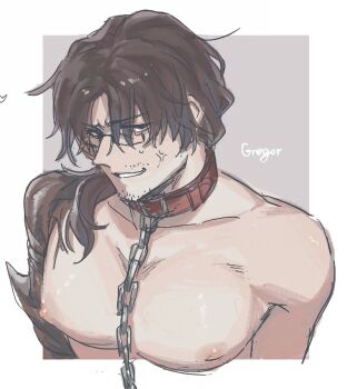 1boy absurdres anger_vein angry animal_collar annoyed arthropod_limbs bara bare_pectorals bare_shoulders beard_stubble black-framed_eyewear black-framed_glasses border brown_eyes brown_hair chain chain_leash character_name clenched_teeth collar collarbone completely_nude cropped_torso english_text eyes_visible_through_hair facial_hair forced_smile glasses gregor_(project_moon) grey_background hair_between_eyes hair_over_shoulder half-closed_eyes highres large_pectorals leash limbus_company long_hair looking_at_viewer looking_to_the_side low_ponytail male_focus muscular muscular_male naked_collar nipples nude paramecium_nmi parted_bangs parted_lips pectorals ponytail portrait project_moon red_collar semi-rimless_eyewear simple_background smile solo stubble sweat sweatdrop tearing_up teeth topless_male two-tone_background under-rim_eyewear upper_body veins white_background