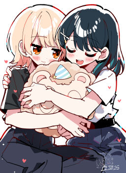 2girls absurdres black_hair black_pants black_shirt blonde_hair blue_skirt blush closed_eyes commentary dated earrings hand_on_another&#039;s_shoulder heart highres honda_sora hug hugging_object jewelry lonely_girl_ni_sakaraenai long_hair multiple_girls open_mouth orange_eyes pants sakurai_ayaka_(lonely_girl_ni_sakaraenai) shirt short_hair short_sleeves simple_background skirt symbol-only_commentary teeth u_u upper_teeth_only white_background white_shirt zhanzhangzlw