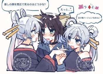 3girls animal_ears black_choker black_hair blue_nails blush cho_kaguya-hime! choker clone commentary green_eyes hair_rings hashtag-only_commentary highres holding_hands interlocked_fingers long_hair long_sleeves multiple_girls nail_polish open_mouth pingke_box runami_yachiyo sakayori_iroha short_hair translation_request twintails white_hair yuri