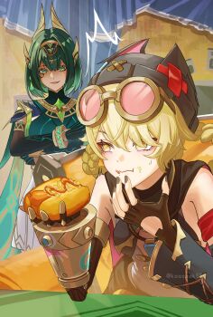 2girls ^^^ absurdres ancient_egyptian_clothes beanie black_hat black_nails blonde_hair bracelet crossed_arms detached_sleeves ear_covers eating elbow_gloves eyewear_on_head food food_on_face gem genshin_impact gloves green_eyes green_gemstone green_hair hair_between_eyes hair_rings hairband hat headgear highres holding holding_food hot_dog indoors jahoda_(genshin_impact) jewelry kaaaaak553 looking_at_another mechanical_arms multiple_girls nail_polish nefer_(genshin_impact) open_mouth prosthesis prosthetic_arm short_hair single_detached_sleeve single_glove single_mechanical_arm star-shaped_pupils star_(symbol) surprised symbol-shaped_pupils tinted_eyewear yellow_eyes