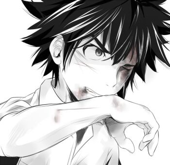 1boy a_certain_high_school_uniform bare_arms black_hair blood blood_on_face clenched_teeth collared_shirt commentary greyscale hair_between_eyes hand_up injury kamijou_touma monochrome one_eye_closed school_uniform shin_(highest1192) shirt short_hair short_sleeves simple_background solo spiked_hair summer_uniform teeth toaru_majutsu_no_index upper_body white_background