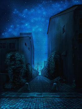 absurdres alley blue_sky brick_road building bush commentary_request cool_colored highres night no_humans original outdoors pizza_(pddc8233) power_lines scenery sky star_(sky) starry_sky urban