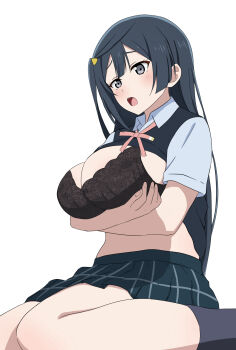 Rule 34 | 1girl, black bra, blue eyes, blue hair, blue shirt, blue skirt, blue vest, bra, breasts, cleavage, clothes lift, commentary request, daichi777zz, grey socks, hair ornament, hairclip, highres, large breasts, long hair, love live!, love live! nijigasaki high school idol club, neck ribbon, nijigasaki school uniform, open mouth, paid reward available, red ribbon, ribbon, school uniform, shirt, shirt lift, side ponytail, sitting, skirt, socks, solo, underwear, vest, vest lift, white background, yuki setsuna