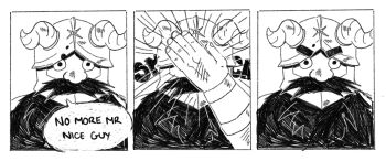 1boy auro-cyanide beard dungeon_meshi dwarf emphasis_lines english_text facial_hair fake_eyebrows fake_horns greyscale helmet highres horned_helmet horns long_beard male_focus monochrome mustache senshi_(dungeon_meshi) sequential speech_bubble thick_mustache very_long_beard