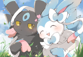 alternate_color animal_focus blue_sky blush chiko_(chi_p_71) colored_sclera commentary_request dandelion_seed fang gen_2_pokemon gen_3_pokemon gen_6_pokemon heart highres nintendo no_humans open_mouth outdoors parted_lips pokemon pokemon_(creature) shiny_pokemon sky sylveon umbreon wingull yellow_sclera