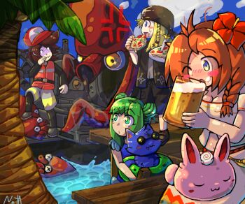 2boys 2girls alcohol alternate_hairstyle anger_vein anna_(epic_battle_fantasy) bandana beach beer beer_mug belt black_bandana black_jacket black_male_swimwear blonde_hair blue_eyes blue_one-piece_swimsuit blush_stickers boots cat cloud petroleum cup day dock double_bun drinking eating epic_battle_fantasy fang food giant_squid_(epic_battle_fantasy) green_eyes green_hair hair_bun heaven&#039;s_gate_(epic_battle_fantasy) holding holding_food holding_pizza hovercraft innertube ironclad_hovercraft_(epic_battle_fantasy) jacket lance_(epic_battle_fantasy) male_swimwear matt_(epic_battle_fantasy) military_vehicle motor_vehicle mug multiple_boys multiple_girls nat-a-fugue natalie_(epic_battle_fantasy) nolegs_(epic_battle_fantasy) one-piece_swimsuit one_eye_closed orange_hair palm_tree petroleum pizza red_hair red_jacket shoes sleeping slime_bunny_(epic_battle_fantasy) sunglasses swim_ring swim_trunks swimsuit sword tank tree turn_pale watercraft wavy_mouth weapon yellow_eyes