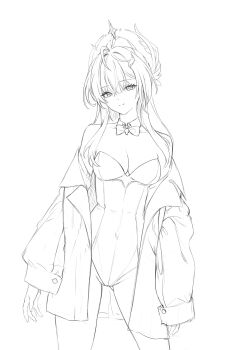 1girl aemeath_(wuthering_waves) bare_shoulders breasts cleavage closed_mouth commentary covered_navel ddcc0123 english_commentary greyscale halo halo_behind_head highleg highleg_leotard highres jacket leotard light_smile lineart long_hair long_sleeves medium_breasts monochrome off_shoulder simple_background sketch solo star-shaped_pupils star_(symbol) strapless strapless_leotard symbol-shaped_pupils white_background wuthering_waves