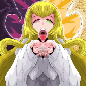 angel angel_wings blonde_hair breasts change_of_heart clothes covered_erect_nipples demon demon_wings drooling fellatio green_eyes highres nail_polish nails oral red_eyes robe saliva saliva_trail spell_card throat throat_bulge tongue tongue_out tonguejob waiting_for_cum wings yu-gi-oh! yu-gi-oh!_duel_monsters