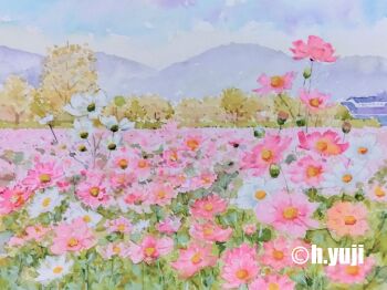 blue_sky building commentary_request day field flower flower_field grass mountainous_horizon original painting_(medium) pink_flower sky traditional_media tree watercolor_(medium) white_flower yujicolor