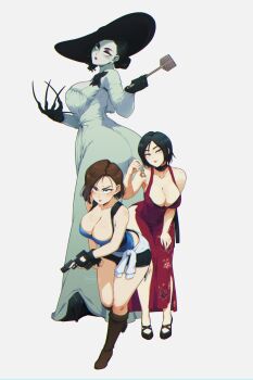 3girls ada_wong alcina_dimitrescu ass bare_shoulders black_footwear black_gloves black_hair black_skirt blue_eyes boots breasts brown_hair cleavage closed_mouth dress fingerless_gloves flyswatter from_behind gloves grey_background gun hat high_heels highres huge_ass jill_valentine large_breasts ledy long_sleeves looking_at_viewer looking_back miniskirt multiple_girls pale_skin red_dress resident_evil resident_evil_2 resident_evil_3:_nemesis resident_evil_village short_hair side_slit simple_background skirt sleeveless smile standing strapless sun_hat tall_female tube_top walking weapon white_dress