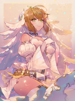 Rule 34 | 1girl, ahoge, bare shoulders, belt, blonde hair, blush, breasts, chain, cleavage, detached collar, detached sleeves, elbow gloves, fate/extra, fate/extra ccc, fate/grand order, fate (series), flower wreath, gloves, green eyes, hair between eyes, hair intakes, head wreath, highleg, highleg leotard, highres, large breasts, leotard, looking at viewer, medium hair, nero claudius (bride) (fate), nero claudius (bride) (second ascension) (fate), nero claudius (fate), orange sekaii, puffy sleeves, smile, solo, thighhighs, thighs, veil, white gloves, white leotard, white thighhighs, wide sleeves, zipper