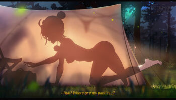 1girl absurdres ahoge bag barefoot blurry blurry_foreground breasts chair doomykiwi english_text fireflies forest from_side full_body grass highres honkai:_star_rail honkai_(series) implied_nudity lynx_landau medium_breasts nature night night_sky nipples open_mouth see-through_silhouette shadow short_hair signature silhouette sky solo tent toes