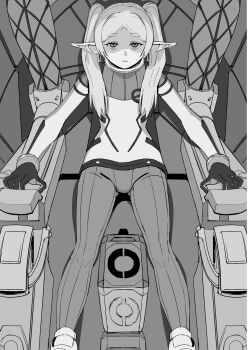1girl a1_(initial-g) commentary_request earrings expressionless frieren gloves greyscale gundam gundam_gquuuuuux highres jewelry mecha_pilot_suit monochrome normal_suit_(gundam) parody pointy_ears shaded_face sitting solo sousou_no_frieren teardrop_earrings thick_eyebrows twintails